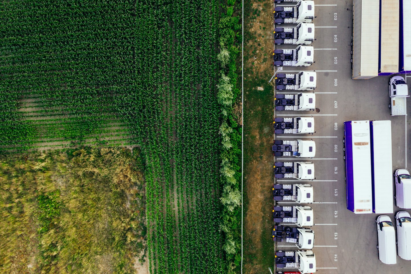 Semirimorchi bianchi sono parcheggiati in un moderno centro logistico accanto ai rimorchi.